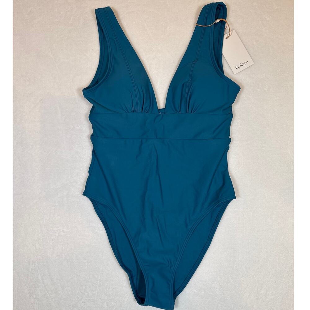 NWT Quince Teal One Piece Bathing Suit w/ Plunging Neckline Size Small